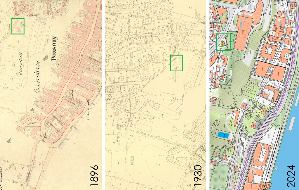 Tri mapy s vyznačenou prečerpávacúcou stanicou Zdroj: Archív KPÚ BA