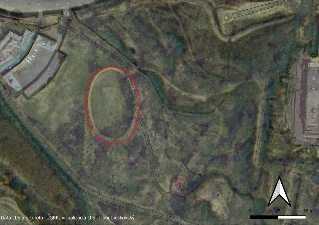 Zaniknuté jazierko v kúpeľnom parku na dátach leteckého laserového skenovania terénu, mapa: M. Miňo