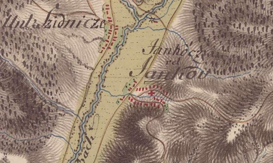 01 Jankovce s kostolom na výreze mapy prvého vojenského mapovania z rokov 1782 – 1784