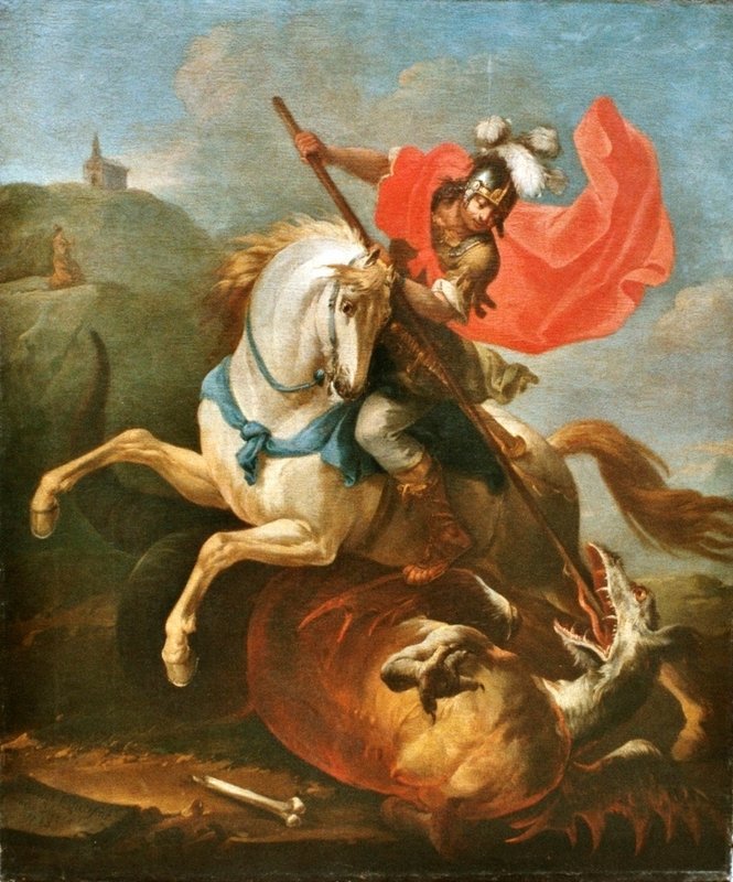 Sv. Juraj bojuje s drakom, August Querfurt, olej na plátne, 1743, Kostol sv. Egídia vo Viedni-Pötzleinsdorfe, www.dabrowska.at